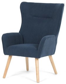 Křeslo, potah modrá manšestrová látka, dřevěné nohy, masiv kaučukovník