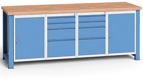 Dielenský stôl KOVONA, 2 závesné skrinky a 8 zásuviek na náradie, buková škárovka, pevné nohy, 2100 mm
