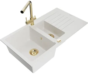 Mexen Matias, granitový drez 900x505x200 mm, 1,5-komorový a zlatá batéria Duero, biela, 6502-20-671600-50