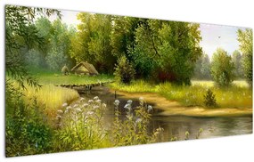 Obraz - Rieka pri lese, olejomaľba (120x50 cm)