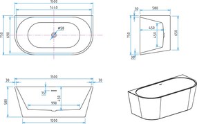 Erga Norah, voľne stojaca vaňa ku stene 150x75 cm + odtoková zátka, biela lesklá, ERG-NORAH-150075-WH-WH