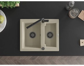 Mexen Carlos, 1,5-komorový granitový drez 582x475x177 mm a drezová batéria Flora, béžová, 6518-69-670401-70-B