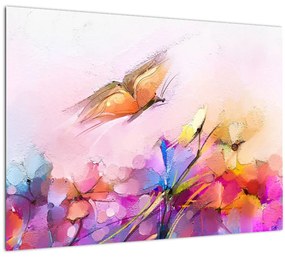 Sklenený obraz - Motýľ nad kvetinou, abstrakcia (70x50 cm)