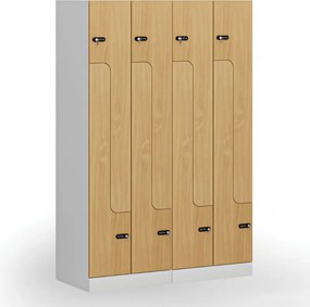 Kovová šatníková skrinka S1 Z, 4 oddiely, 1850 x 600 x 500 mm, mechanický kódový zámok, laminované dvere, breza