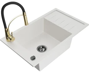 Mexen Elias, 1-komorový granitový drez 795x480x200 mm a drezová batéria Aster, biela, 6511-20-73450-57-B