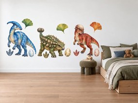 Tri dinosaury s vajíčkami maľované dinosaurie nálepky do izby chlapcov na stenu arch 46 x 19 cm