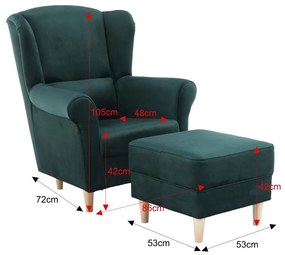 Tempo Kondela Kreslo ušiak s taburetom látka smaragdová, ASTRID