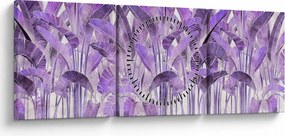 Obraz - Fialové listy v omietke (s hodinami) (90x30 cm)
