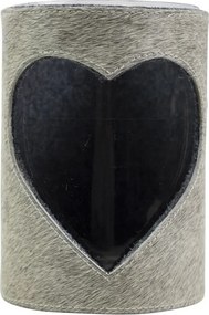 Šedý svietnik z kravskej kože s motívom srdca - Ø 15 * 20,5cm