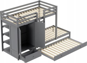 Detská poschodová posteľ 90*200 s výsuvným lôžkom Zásuvková skriňa Šedá