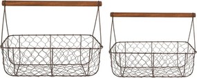 Hnedé antik drôtené košíky s drevenou rukoväťou - 36*17*12/27 / 32*15*10/22 cm