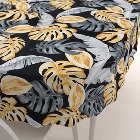 Biante Bavlnený oválny obrus Sandra SA-228 Sivé a zlaté tropické listy na čiernom 140x160 cm