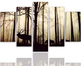 Obraz na plátně pětidílný Jelen v lesní mlze hnědý - 100x70 cm