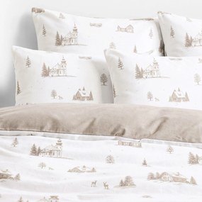 Goldea flanelové posteľné obliečky duo - zima na vidieku na bielom s latte 140 x 200 a 70 x 90 cm