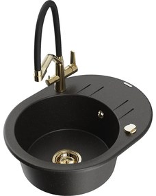 Mexen Kevin, granitový drez 586x458x190 mm, 1-komorový a biela batéria Duo, čierna-zlatá metalíza, 6517-75-671701-57-G