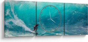 Obraz surferov vo vlnách (s hodinami) (90x30 cm)