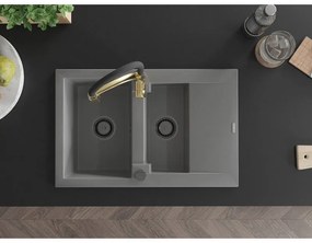 Mexen Gaspar, 1,5-komorový granitový drez 737x475x177 mm a drezová batéria Aster, šedá, 6507-71-73450-57-B