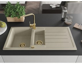 Mexen Andres, granitový drez 1000x500x200 mm, 1,5-komorový, béžová so zlatým sifónom a zlatá drezová batéria Rita, 6515-69-670300-50