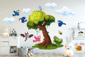 Nálepka na stenu pre deti strom a veselé vtáčiky 50 x 100 cm