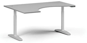 Výškovo nastaviteľný stôl OBOL, elektrický, 675-1325 mm, ergonomický ľavý, doska 1600x1200 mm, biela zaoblená podnož, sivá