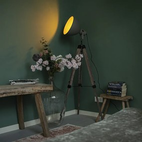 Priemyselná stojaca lampa na drevenom trojnohom stojane s sivým tienidlom - Laos