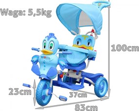 Ramiz Detský trojkolesový bicykel Duck Bike Modrá + zvuky + strieška + zábrana + opierka na nohy + rukoväť + úložný priestor