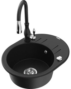 Mexen Kevin, granitový drez 586x458x190 mm, 1-komorový a drezová batéria Savita, čierna, 6517-77-672601-70