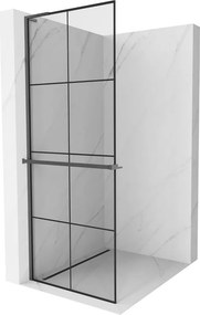 Mexen Kioto+ L, sprchová zástena Walk-In s poličkou a vešiakom 70 x 200 cm, 8mm číre sklo čierny vzor, grafitový profil, 800-070-123-66-77
