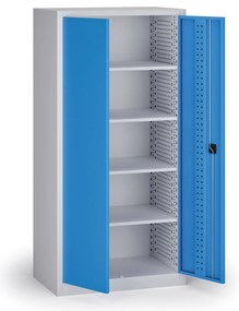 Policová dielenská skriňa na náradie KOVOS, perforovaný panel, 4 police, 950 x 600 x 1950 mm, modrá