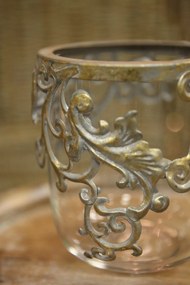 Sklenená nádoba s kovovým ornamentom 15cm