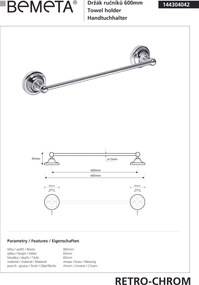 Bemeta Design RETRO chróm: Držiak uterákov, 600 mm - 144304042