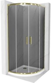 Mexen Rio, štvrťkruhový sprchovací kút s posuvnými dverami 90(dvere) x 90(dvere) x 190 cm, 6mm šedé sklo, zlatý profil + biela sprchová vanička SLIM, 863-090-090-50-40-4110G