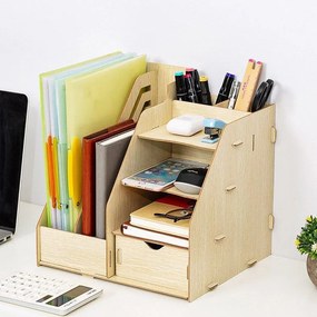 Drevený kancelársky organizér na dokumenty so 7 priehradkami a zásuvkou svetlé drevo/dub DIY QS206 Svetlé drevo