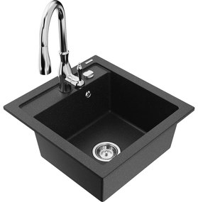 Mexen Vito, 1-komorový granitový drez 520x490x210 mm a drezová batéria Savita, čierna-strieborná metalíza, 6503-73-672601-00
