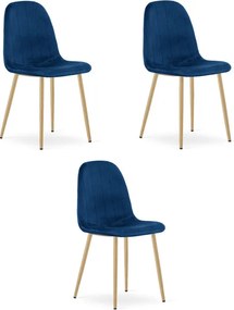 Set troch jedálenských stoličiek PADVA zamatové modré / hnedé nohy (3 ks)