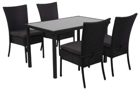 4x Stolička a stola HWC-G19, polyratan, 120x75cm - čierna, vankúše tmavosivá