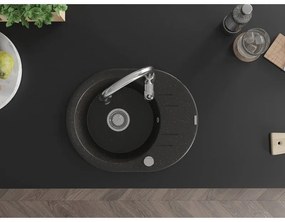 Mexen Kevin, granitový drez 586x458x190 mm, 1-komorový a drezová batéria Savita, čierna-zlatá metalíza, 6517-75-672601-00
