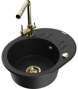 Mexen Kevin, drez granitový 586x458x190 mm, 1-komorový a zlatá Duero batéria, čierna - strieborná metalíza, 6517-77-671600-50-B