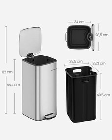 30 litrový oceľový pedalový odpadkový kôš s vnútorným vedrom, metalická strieborná
