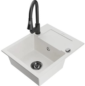 Mexen Enzo, 1-komorový granitový drez 576x465x174 mm a drezová batéria Elia, biela, 6506-20-670101-70