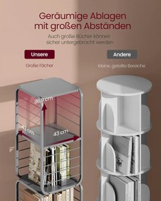 4-poschodová otočná polica na knihy, knižnica s oceľovým rámom, sivá