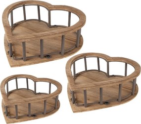 3ks hnedý drevený úložný košík v tvare srdca - 33*33*10 / 26*26*9 / 20*20*8 cm