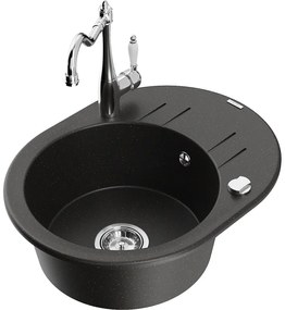 Mexen Kevin, drez granitový 586x458x190 mm, 1-komorový a drezová batéria Carla, čierna-zlatá metalíza, 6517-75-670700-00