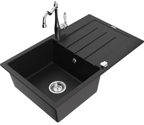 Mexen Bruno, granitový drez 795x495x200 mm, 1-komorový a drezová batéria Carla, čierna, 6513-77-670700-00