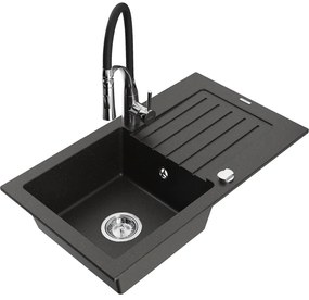Mexen Pablo, 1-komorový granitový drez 752x436x161 mm a drezová batéria Aster, čierna-zlatá metalíza, 6510-75-73450-07