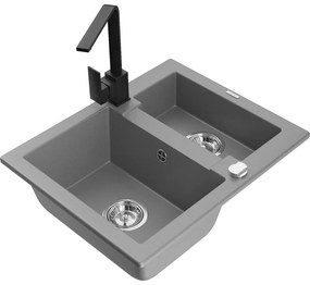 Mexen Carlos, 1,5-komorový granitový drez s odkvapkávačom 582x475x177 mm a čierna kuchynská batéria Rita, šedá, 6518-71-670300-70