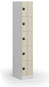Šatníková skrinka s úložnými boxmi, 5 boxov, 1850 x 300 x 500 mm, demont, zámok s čítačkou RFID kariet, laminované dvere, dub prírodný