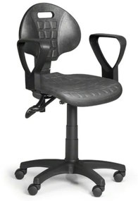 Pracovná stolička PUR s podpierkami rúk, asynchrónna mechanika, pre mäkké podlahy, sivá