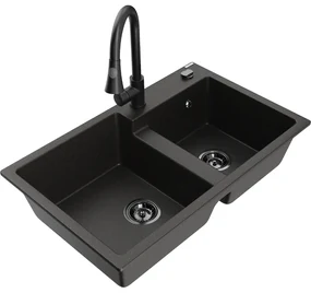 Mexen Tomas, 2-komorový granitový drez 800x500x190 mm a drezová batéria Elia, čierna-zlatá metalíza, 6516-75-670101-70-B
