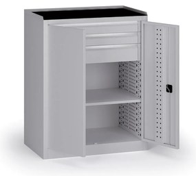 Dielenská skriňa nízka na náradie KOVOS, 1 police, 3 zásuvky, 950 x 600 x 1180 mm, sivá